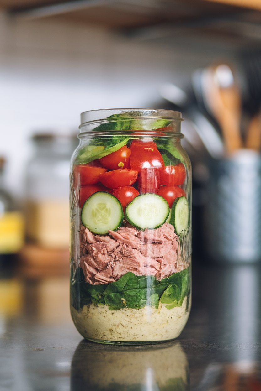 Tall glass jar layered with Dijon vinaigrette, cherry tomatoes, tuna, cucumbers, and spinach; indoor countertop, no logos.