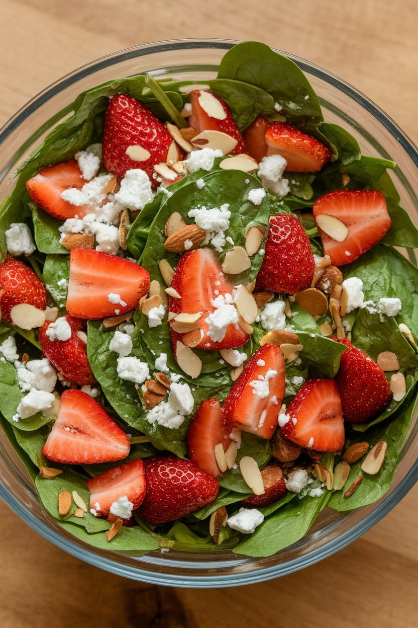 Photo of an indoor salad bowl filled with baby spinach, sliced strawberries, crumbled feta, and toasted almonds; light strawberry vinaigrette glistening; no text or logos