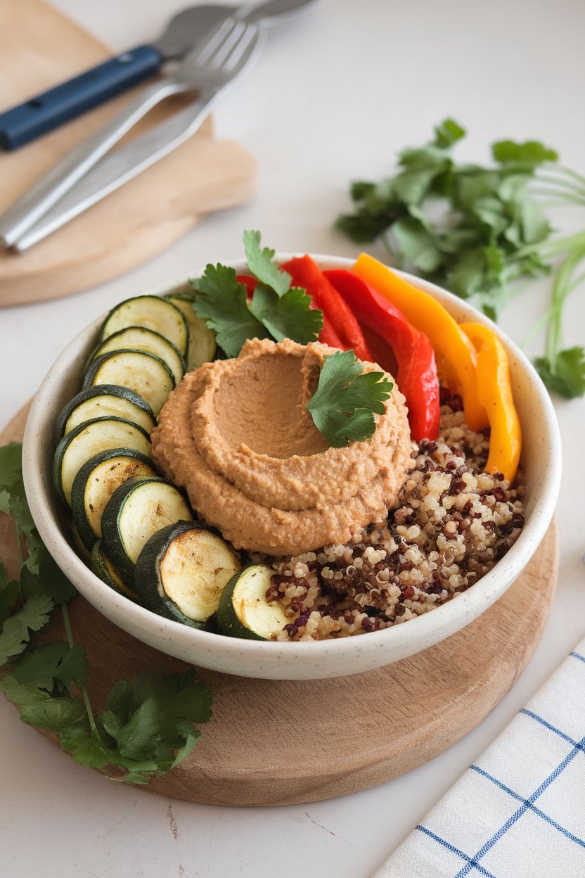 Indoor photo of a bowl layered with roasted zucchini, bell peppers, quinoa, and a generous scoop of hummus, no text or logos.
