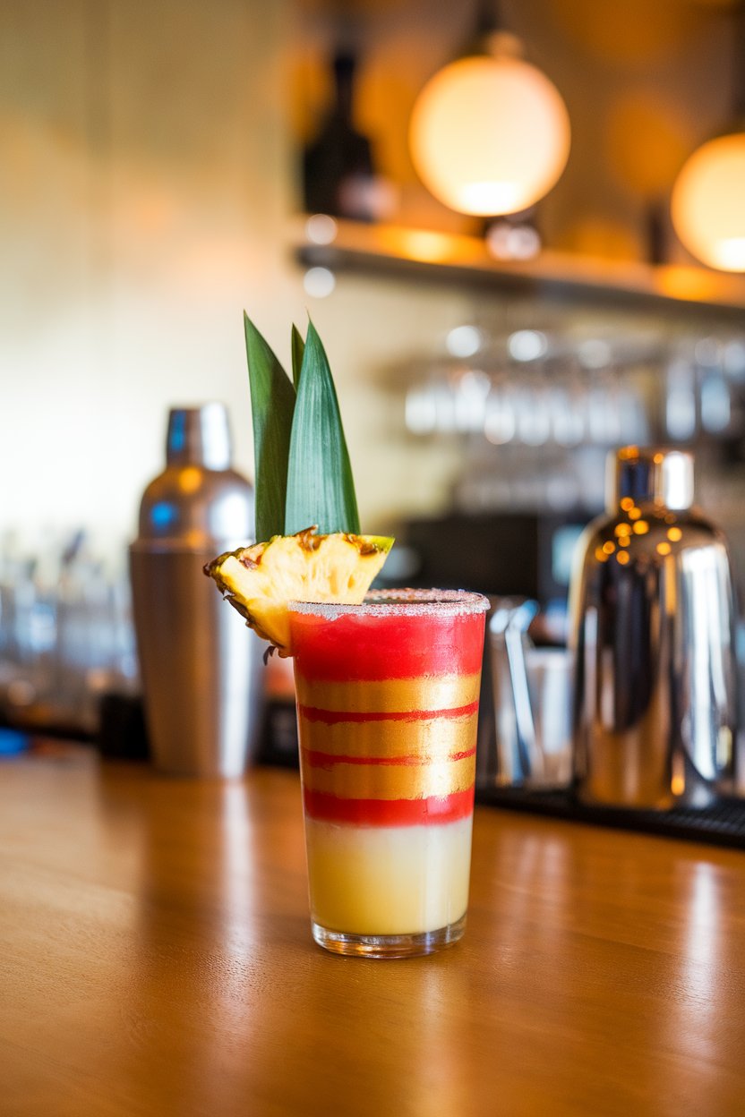 Indoor bar, tall glass of layered red and gold margarita, pineapple leaf garnish; no text or logos.