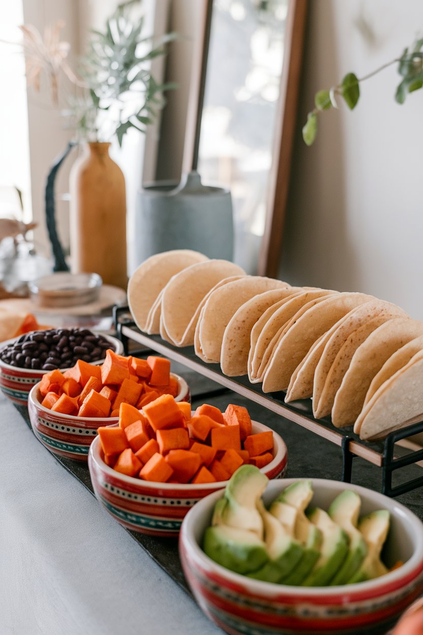 An indoor taco bar scene with warmed tortillas, roasted sweet potato cubes, black beans, and avocado slices arranged neatly in small bowls. Photo only, no text or logos.
