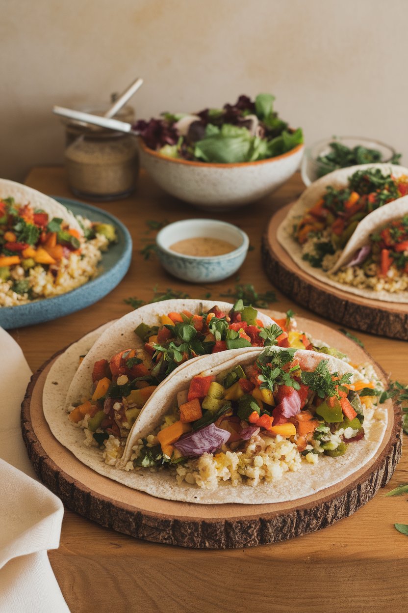 Photo of indoor wooden table set with whole-wheat tortillas stuffed with colorful sautéed vegetables and cauliflower rice. No branding present.