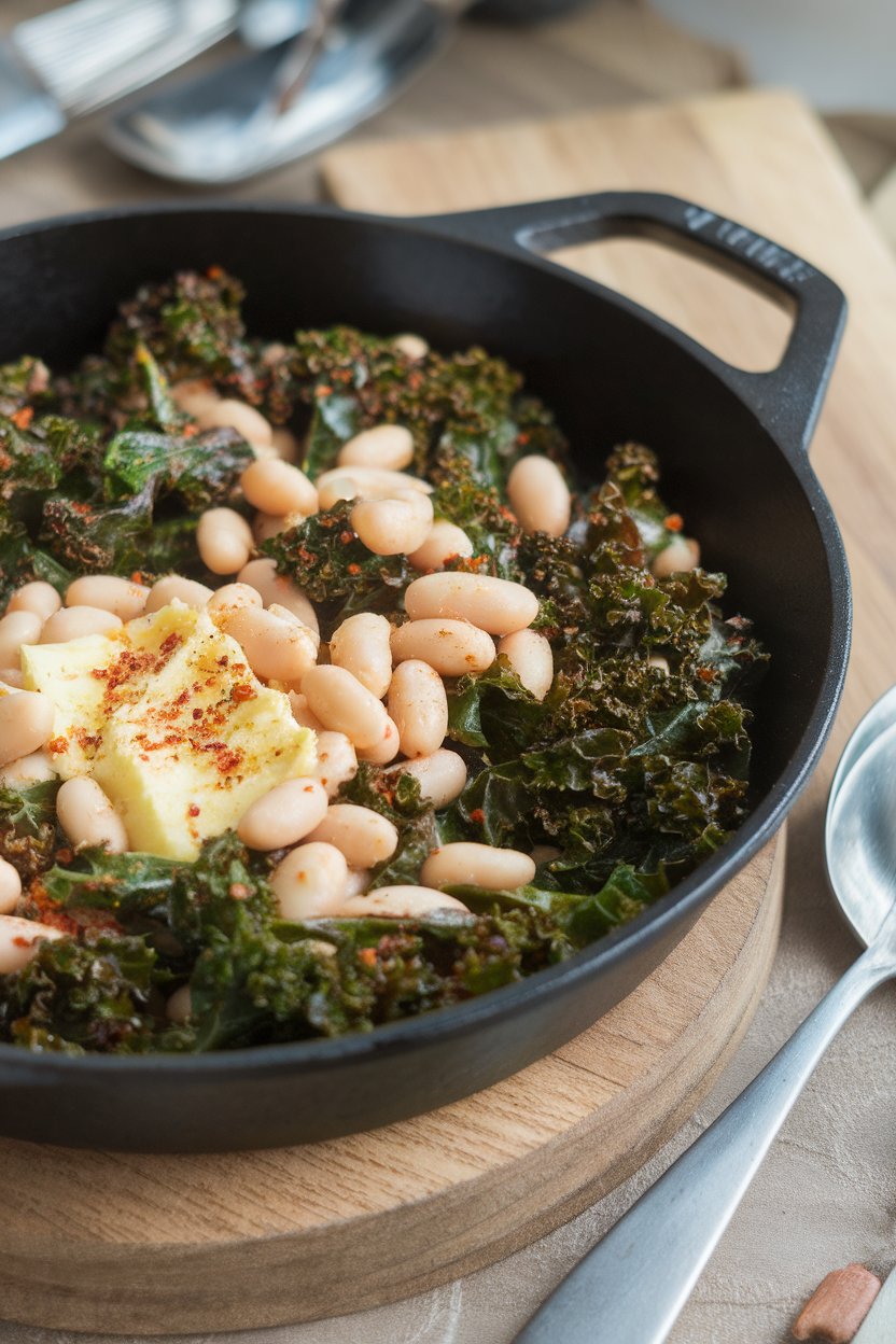 An indoor cast-iron skillet filled with sautéed kale and cannellini beans glistening with garlic butter and sprinkled with red pepper flakes. No text or logos.