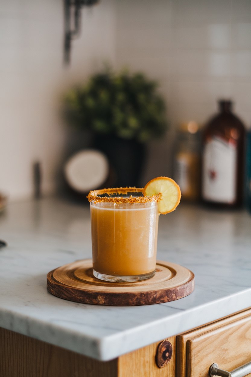 Indoor kitchen counter, tumbler of caramel-brown margarita, crushed gingersnap rim, slice of candied ginger; no logos.