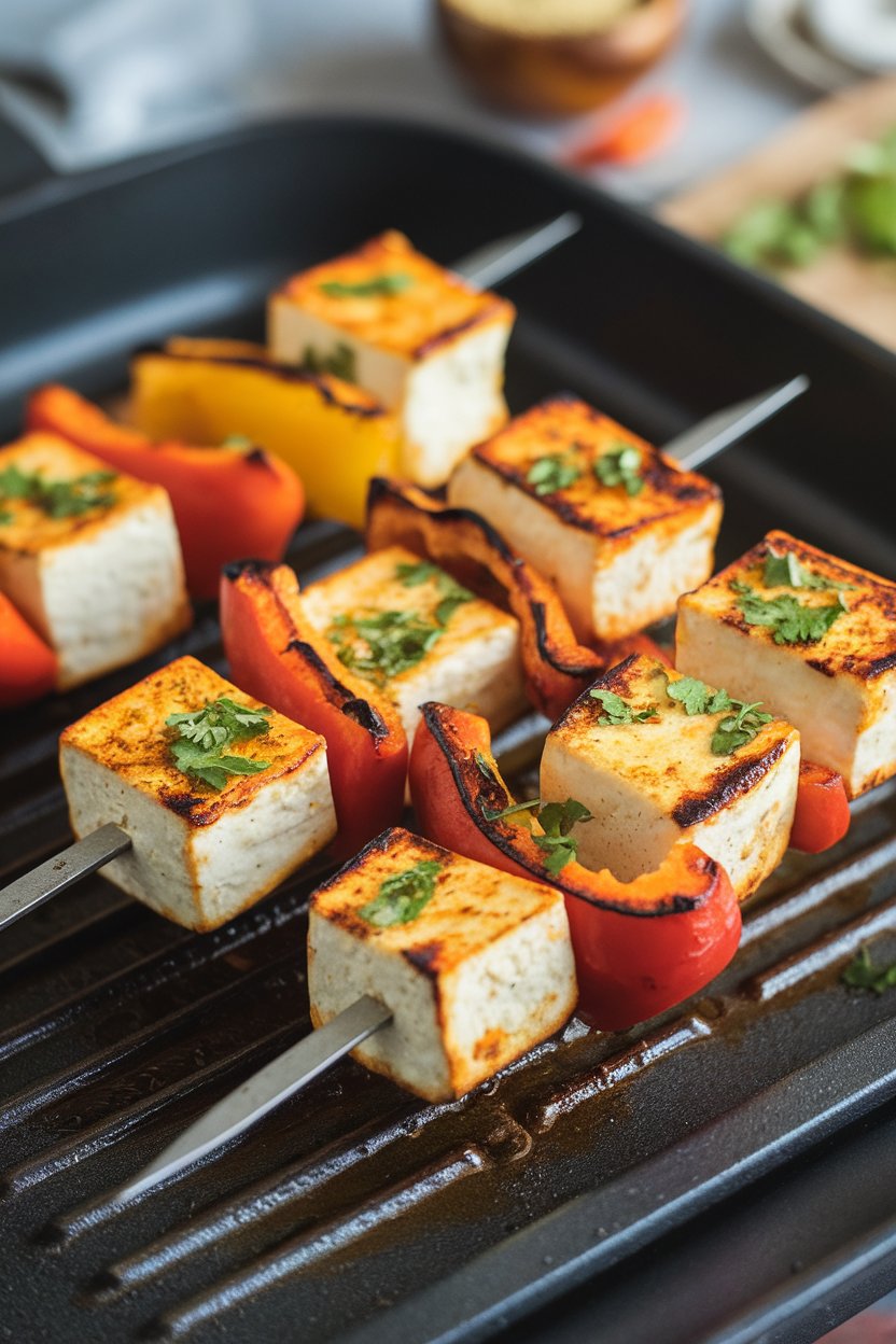 An indoor grill-pan shot of paneer cubes and bell pepper pieces threaded on metal skewers, lightly charred and sprinkled with coriander. No text or logos. Photo, not illustration.