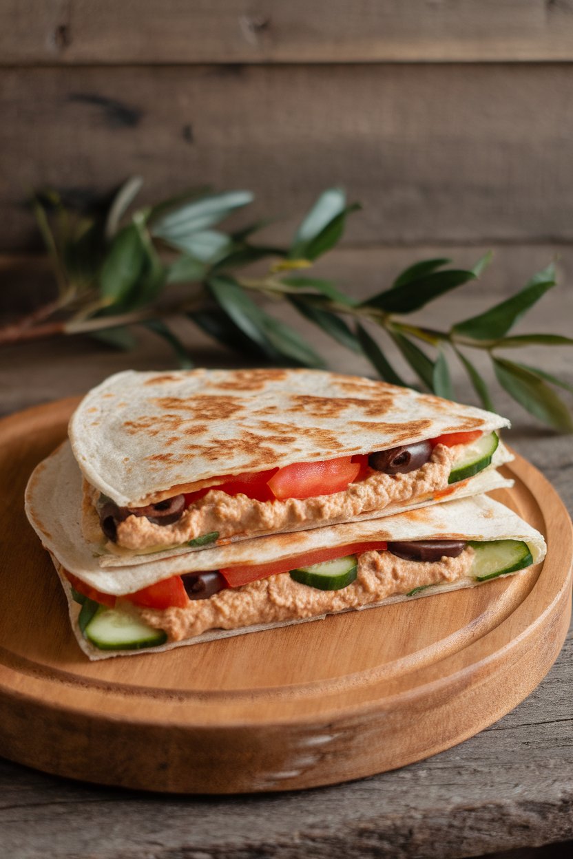 Indoor countertop, hummus-smeared quesadilla stuffed with cucumber, tomato, and olives, photo, no text or logos.