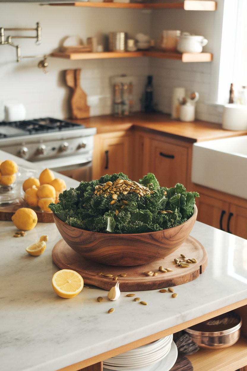 An indoor kitchen island with a large wooden bowl of massaged kale leaves glistening in lemon vinaigrette, topped with toasted pumpkin seeds. Soft overhead light; no logos or text. Photo only.