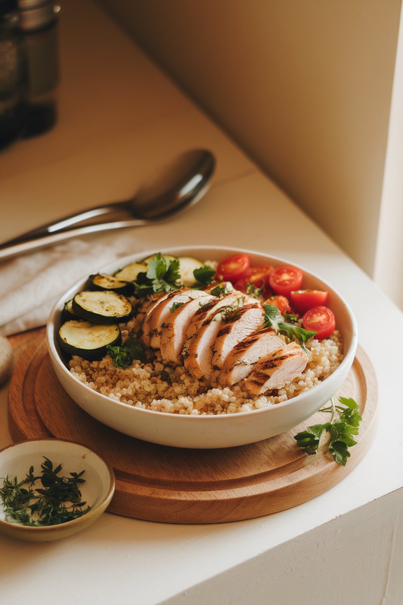 A warmly lit indoor table with a white bowl of fluffy quinoa topped by sliced lemon-herb grilled chicken, roasted zucchini, halved cherry tomatoes, and fresh parsley. No text or logos.