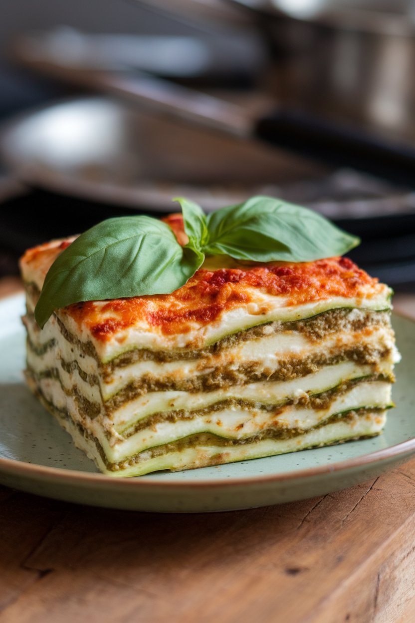 Indoor photo of a slice of zucchini lasagna layered with pesto and cottage cheese on a plate, basil leaf on top, no text or logos