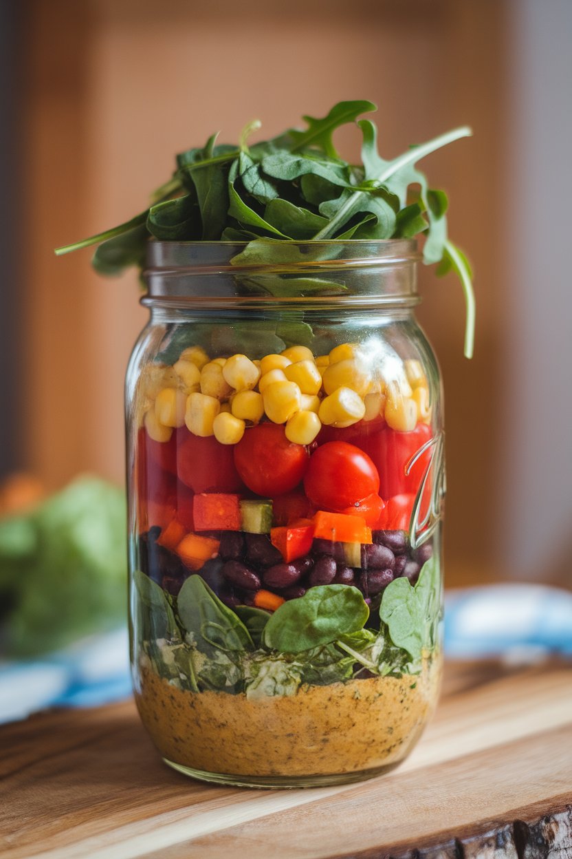 Indoor photo of a tall mason jar layered from bottom to top with vinaigrette, cherry tomatoes, corn, black beans, diced bell peppers, spinach, and arugula; no text or logos.