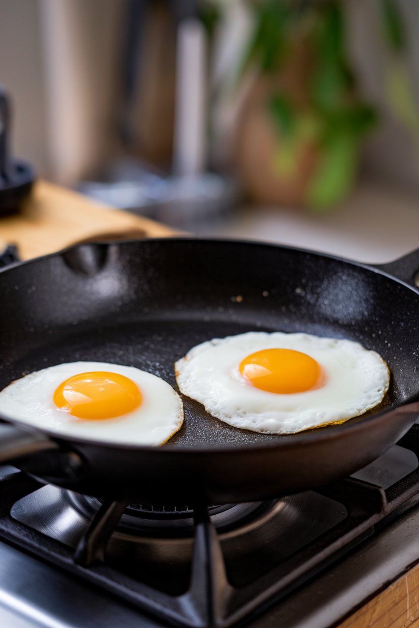 Photo of a skillet with two sunny-side-up eggs on an indoor stovetop, yolks bright and intact, no text or logos