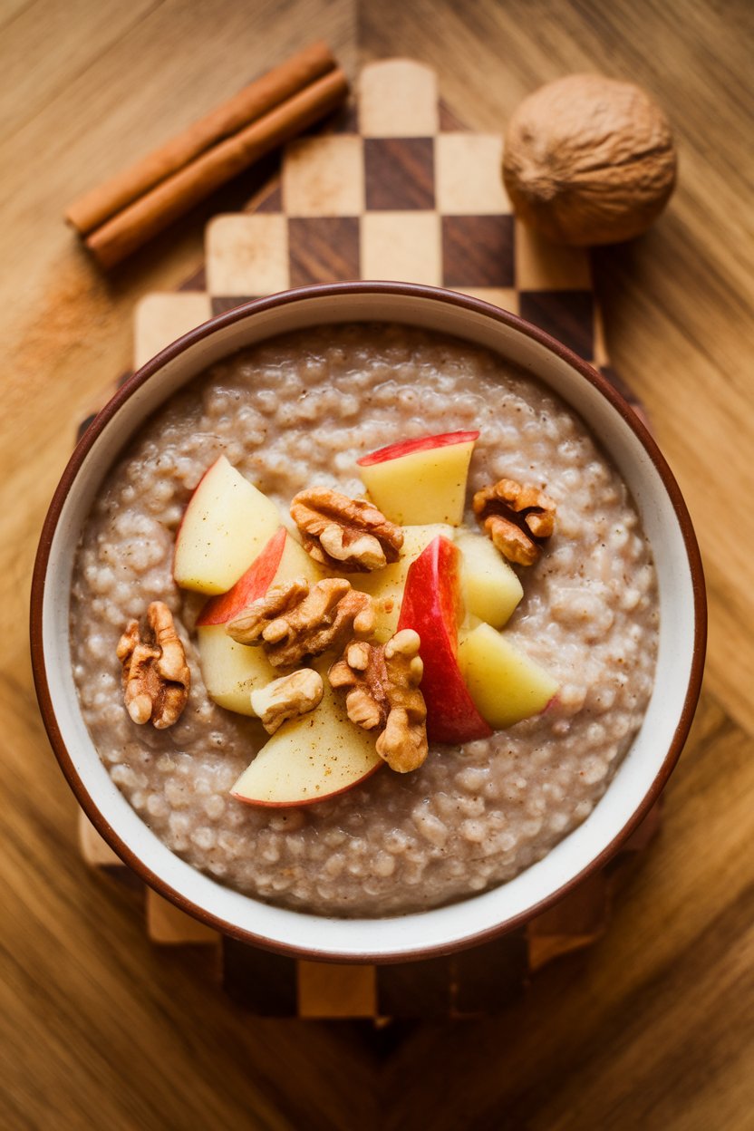 Indoor photo of a bowl of cooked amaranth porridge topped with spiced apple chunks and walnuts, overhead angle, no text or logos