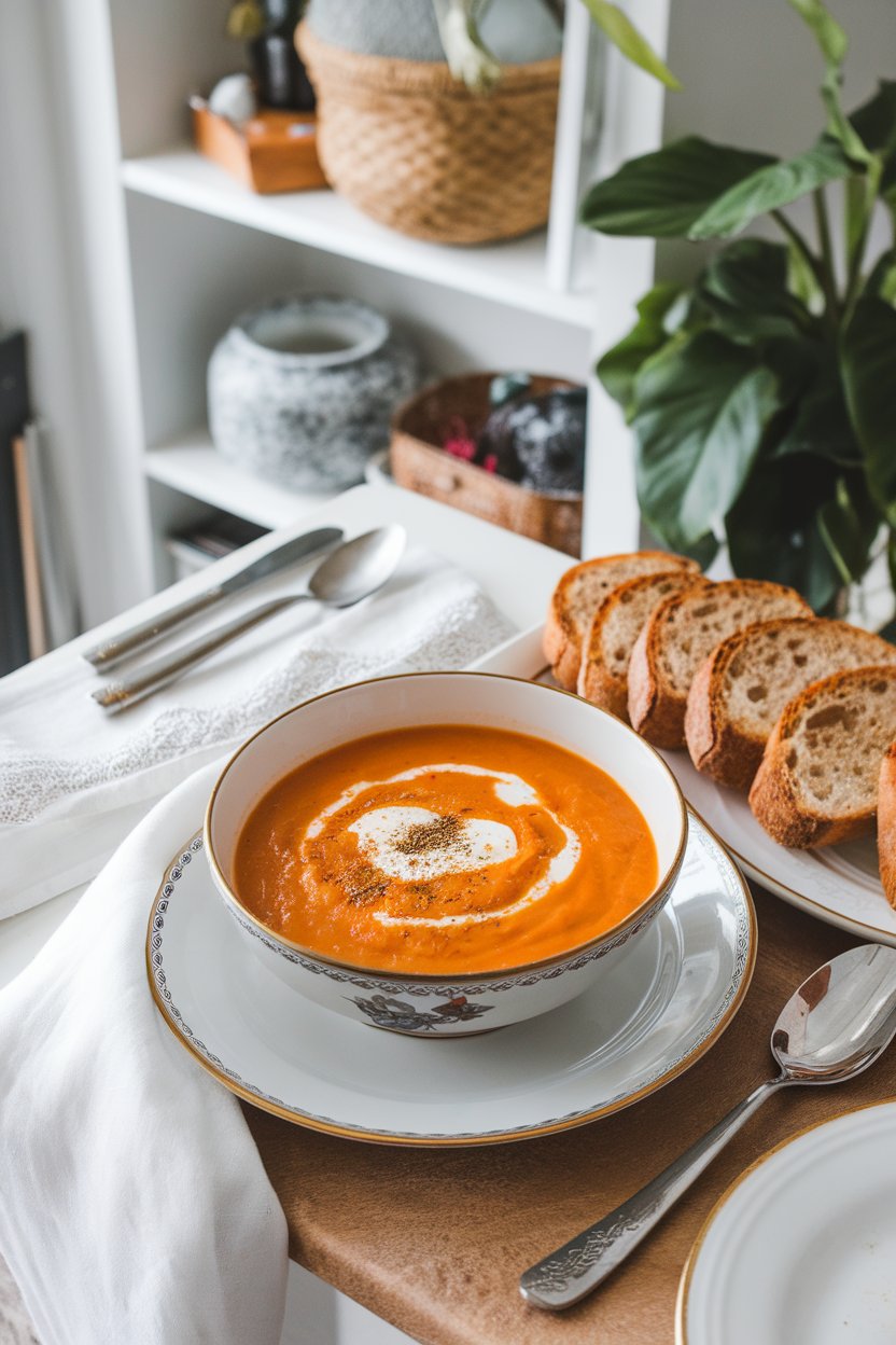 Indoor dining nook with bowl of bright orange carrot soup, swirl of yogurt and sprinkle of cumin seeds. No text or logos. Photo.
