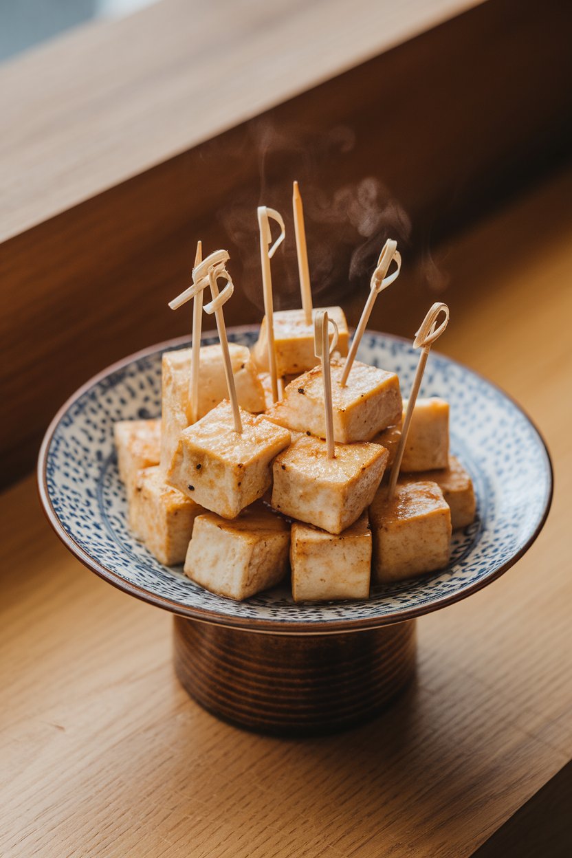 Indoor serving plate with bite-size grilled tofu cubes on toothpick skewers, lightly glazed, steam visible. No logos or text.
