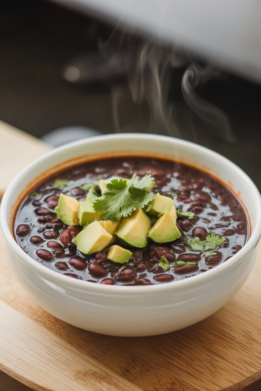 Indoor photo of a dark, hearty black bean soup garnished with diced avocado and cilantro, steam rising. No text or logos.