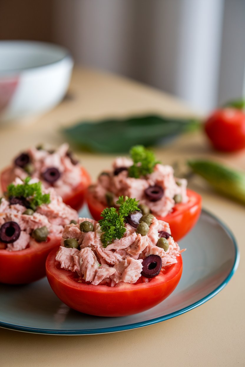 A plate indoors with large tomato halves filled with tuna salad mixed with olives, capers, and parsley. No logos.