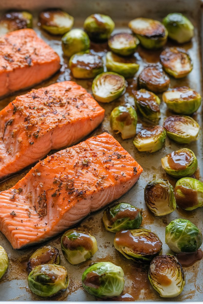 A sheet pan indoors displaying cooked salmon fillets alongside roasted Brussels sprouts glazed with maple-mustard sauce; no text or logos; photo.