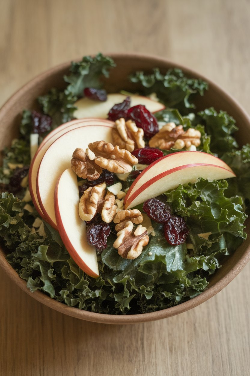 Photo prompt: Indoor salad bowl brimming with dark curly kale, thin apple slices, walnuts, and dried cranberries, lightly dressed. No text or logos.