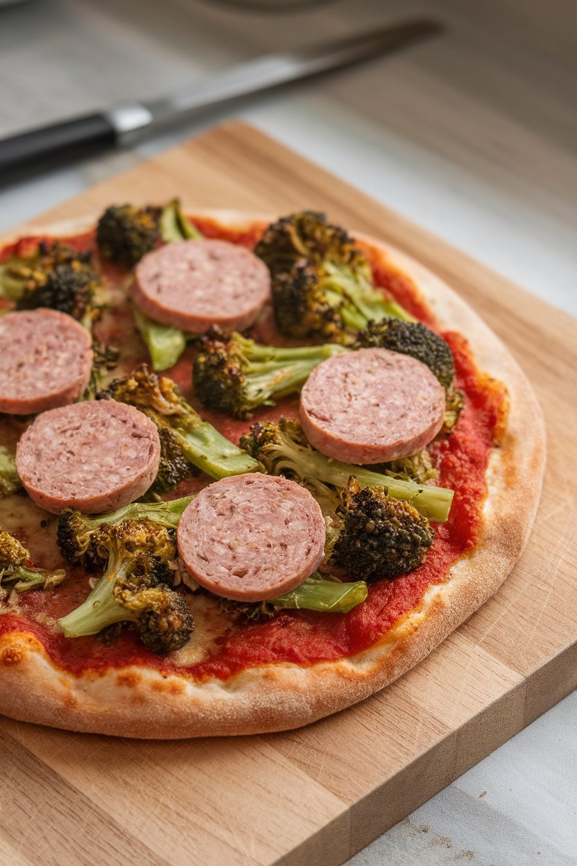 Indoor photo of sorghum flour crust pizza topped with broccoli rabe and sliced turkey sausage on a cutting board, no text or logos