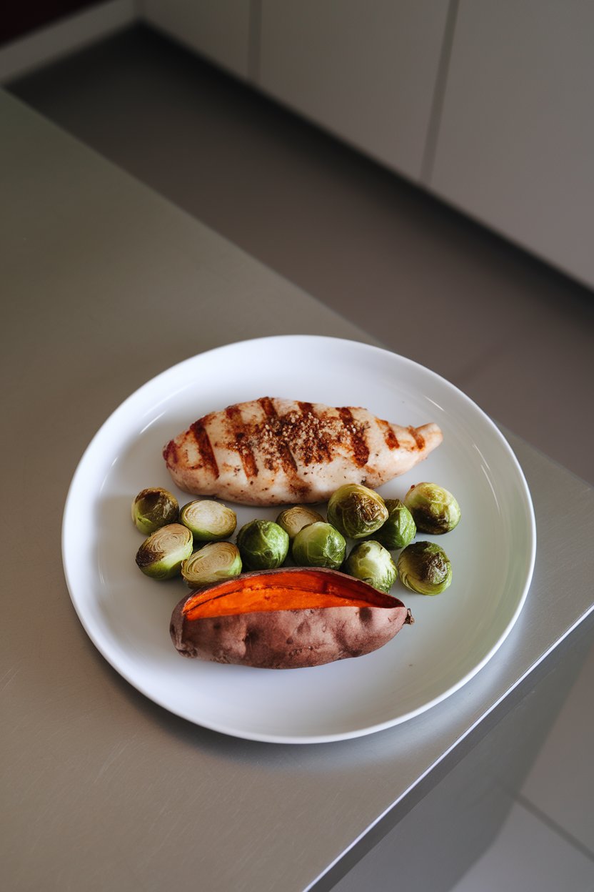 Photo of an indoor kitchen counter featuring a grilled chicken breast, roasted Brussels sprouts, and a small baked sweet potato on a simple white plate. No text or logos visible.