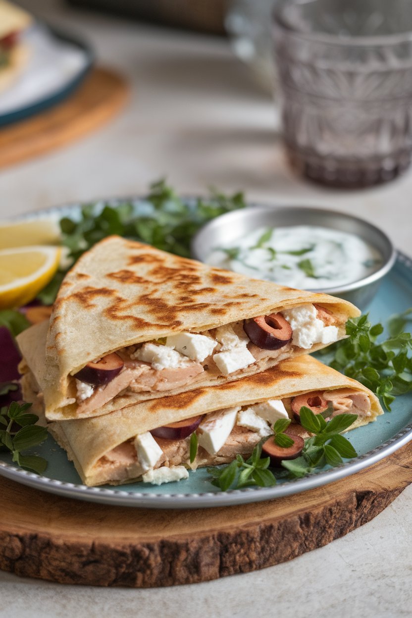 Indoor platter, Greek chicken quesadilla with feta crumbles and olive slices spilling out, photo, no text or logos.