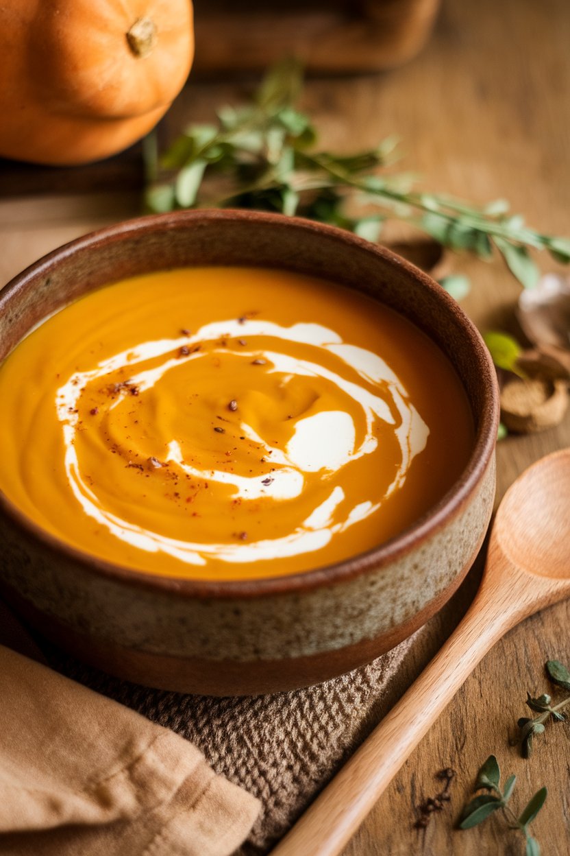 Photo of an indoor soup bowl containing silky orange butternut squash soup, swirled with coconut milk; no text or logos