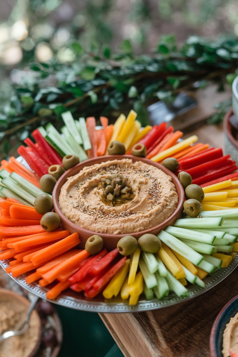 An indoor platter arranged with colorful carrot, bell pepper, and cucumber sticks surrounding a bowl of creamy hummus. No logos or text.