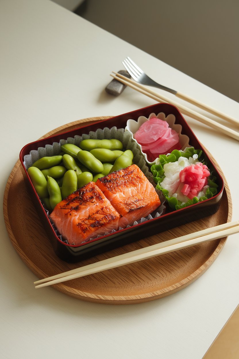 An indoor bento box scene featuring grilled salmon, edamame, and pickled vegetables neatly arranged; no logos. Photo.