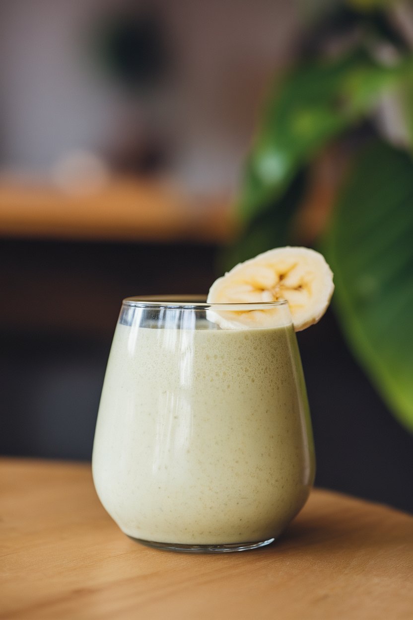 A photo of a wide-mouth glass indoors, filled with a creamy pale-green smoothie, a banana slice resting on rim; no text or logos.