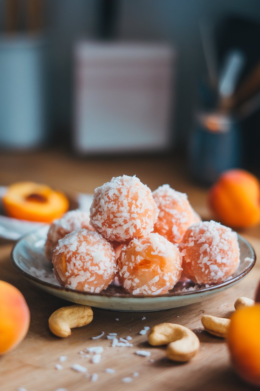 Indoor photo of light orange apricot cashew balls sprinkled with shredded coconut on a plate. No text or logos.