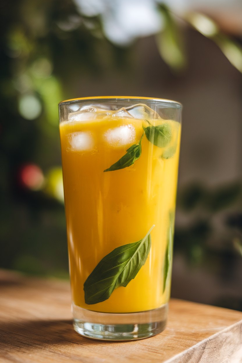A photo of an indoor tall glass showing translucent basil seeds swelling in bright mango juice with ice; no text or logos.