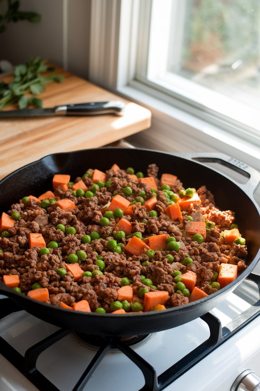 A cast-iron skillet on an indoor stove containing a colorful hash of ground beef, diced sweet potatoes, and peas; no text or logos.