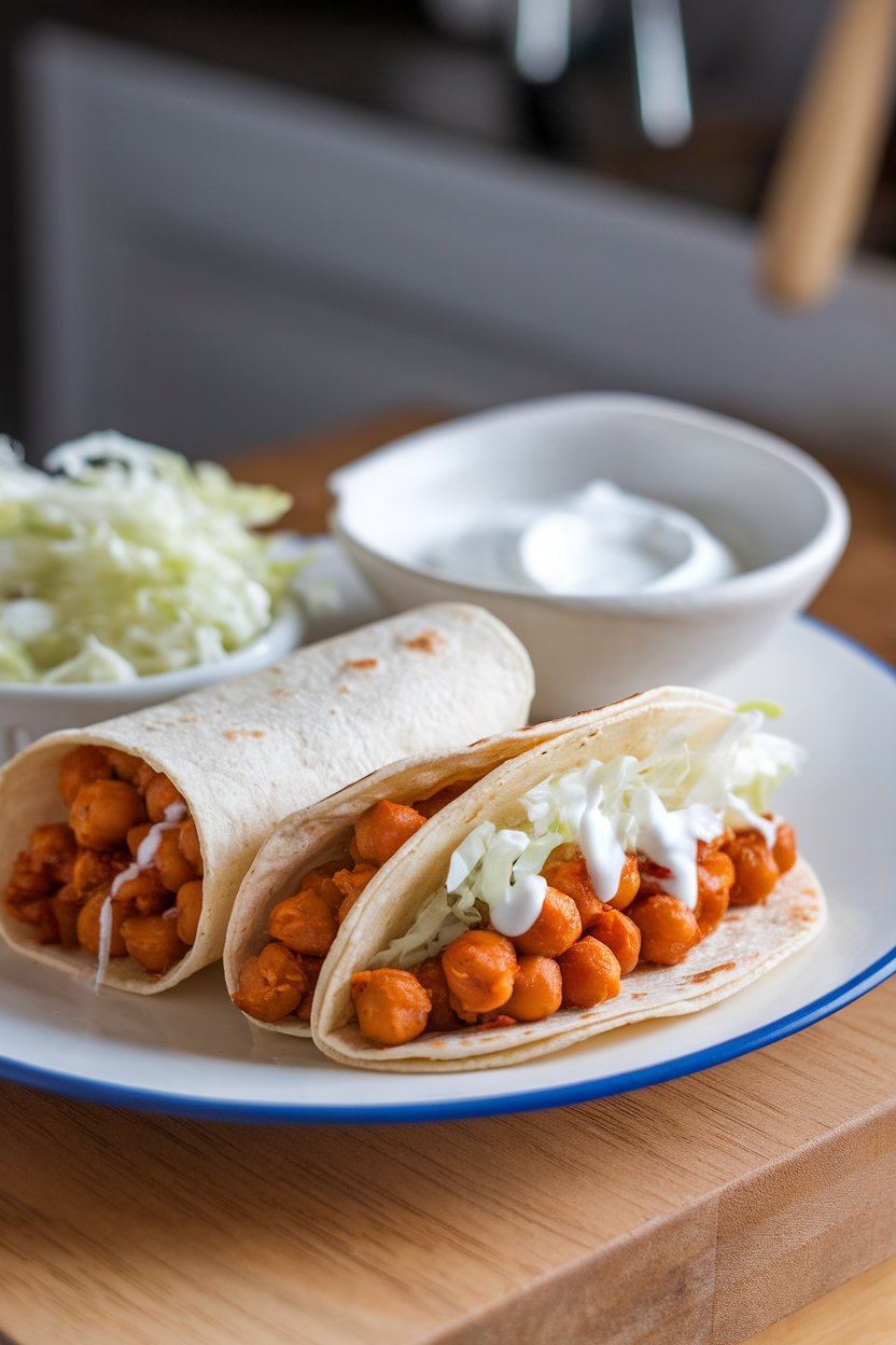 Indoor plate with small corn tortillas filled with smoky chickpeas, cabbage slaw, and yogurt drizzle. No logos.