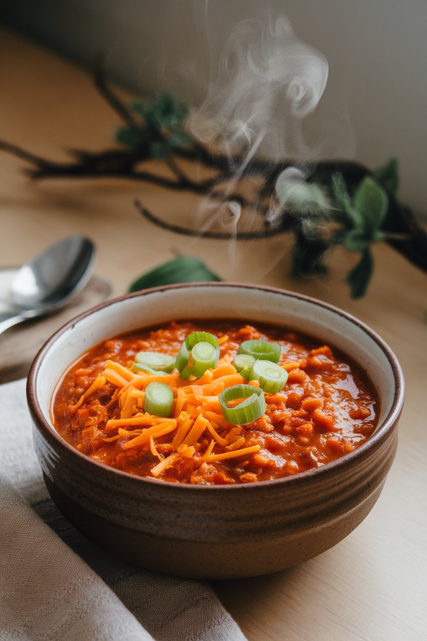 A ceramic bowl on an indoor table filled with turkey chili topped with shredded cheese and sliced scallions, steam curling upward. No logos. Photo.