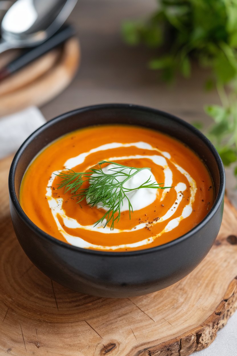 An indoor soup bowl of vibrant orange carrot ginger soup topped with a swirl of yogurt and fresh dill. No branding or text. Photo.