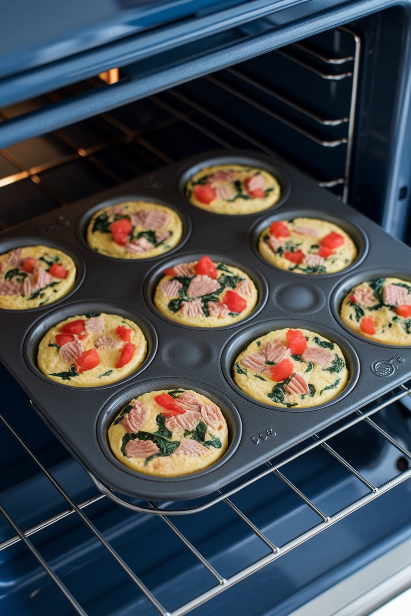 Muffin tin holding mini frittatas with visible tuna, spinach, and tomato pieces; indoor oven rack angle, no branding.