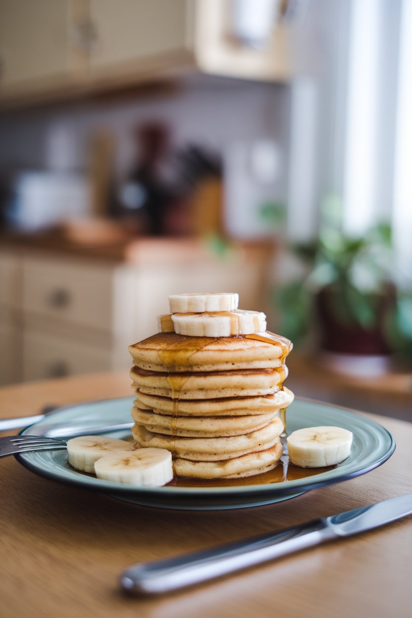 A stack of small golden pancakes on an indoor breakfast plate, topped with banana slices and a drizzle of maple syrup; photo, no text or logos.