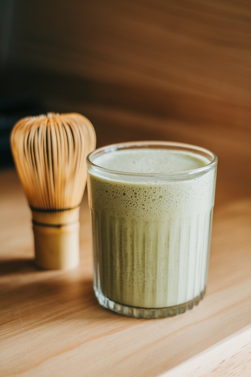 Indoor photo of a frothy light-green matcha protein shake in a clear glass, bamboo whisk nearby, no text or logos