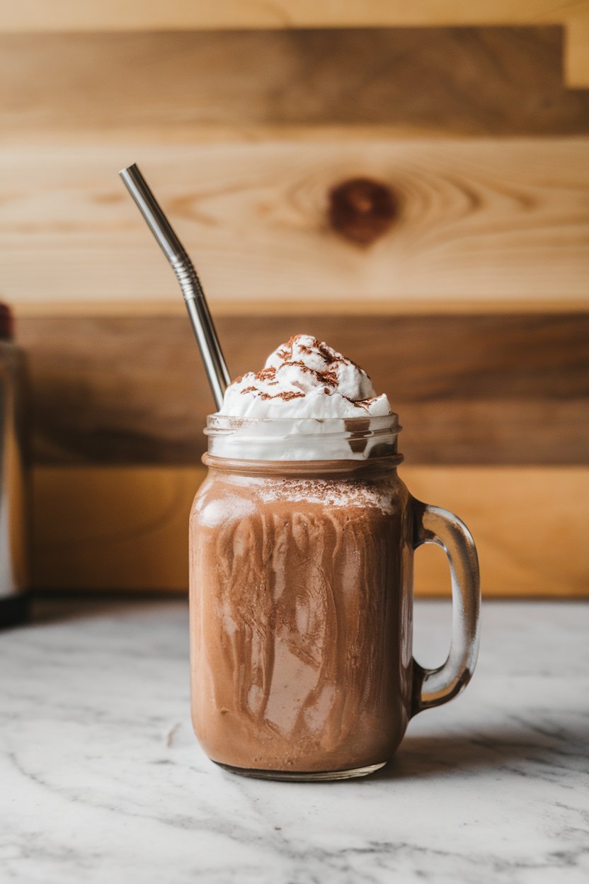 Indoor breakfast counter with a mason jar of thick chocolate peanut butter shake, metal straw included. Photo, no text or logos.
