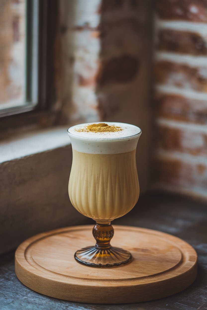 Indoor vintage glass of creamy cardamom flip, ground cardamom dusted on foam. No branding visible.