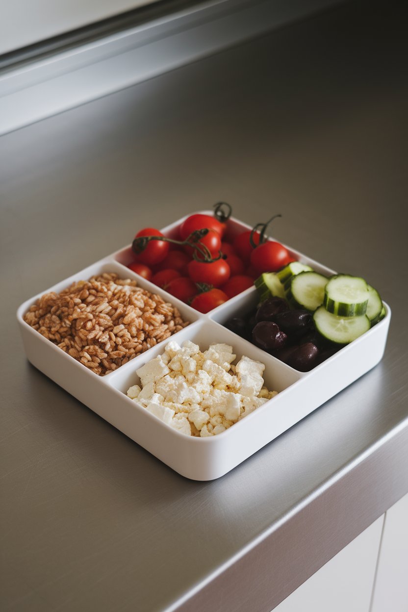 An indoor counter with a compartmentalized container holding farro, cherry tomatoes, cucumber, feta crumbles, and olives. Photo only, no branding or text.