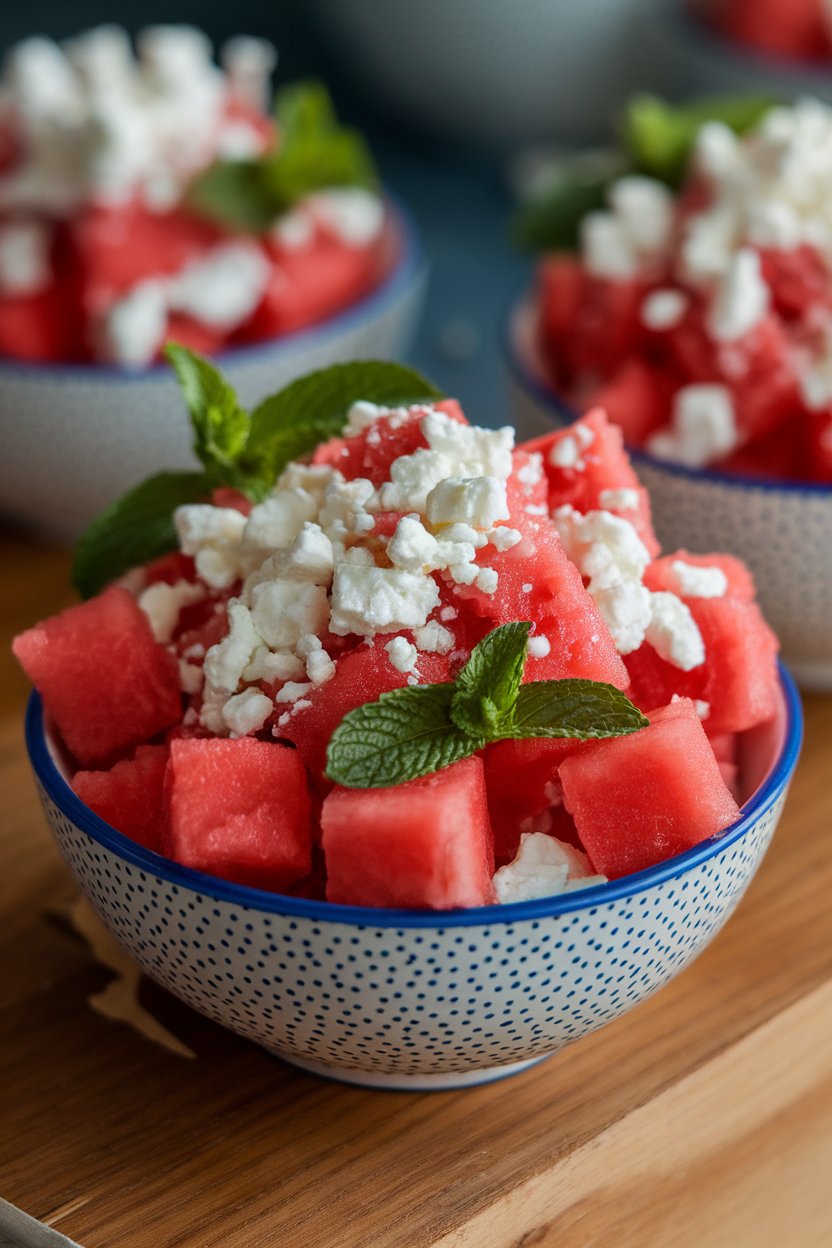 An indoor bowl of bright watermelon cubes mixed with crumbled feta and mint ribbons. No text or logos. Photo, not illustration.