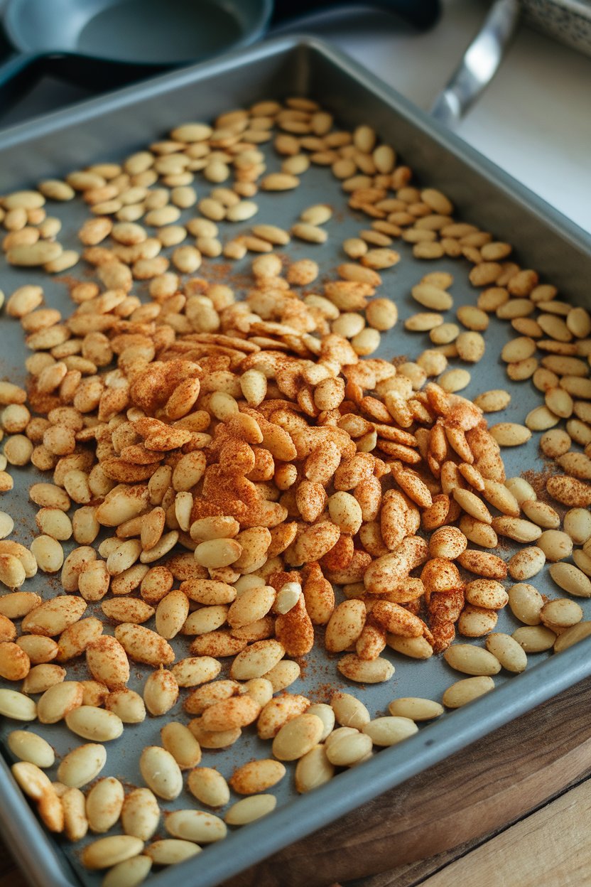 Photo of an indoor baking tray holding golden roasted pumpkin seeds coated in paprika, cinnamon, and sea salt, no text or logos.