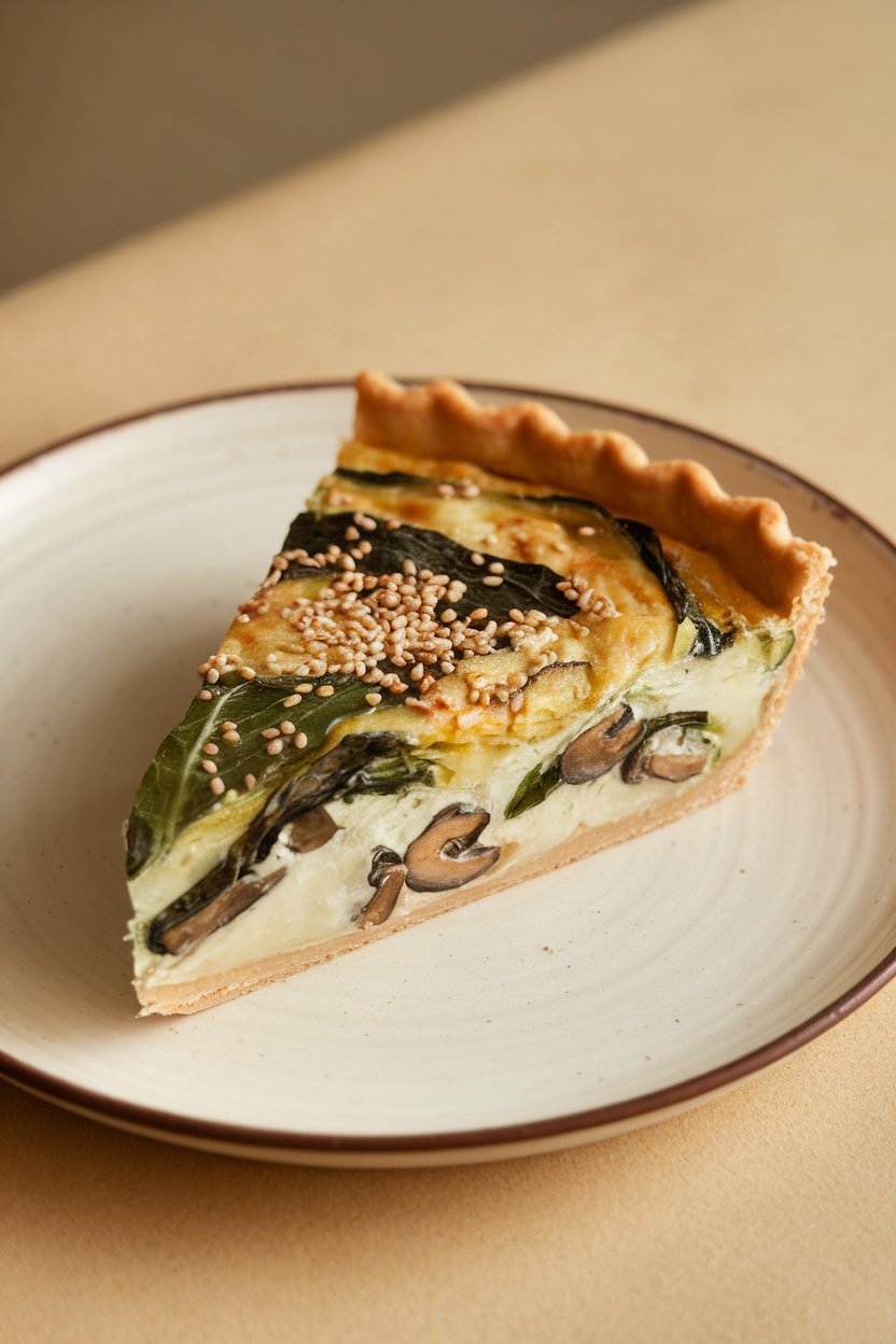 Indoor photo showcasing a slice of bok choy and shiitake quiche with sesame seed garnish, no text or logos.