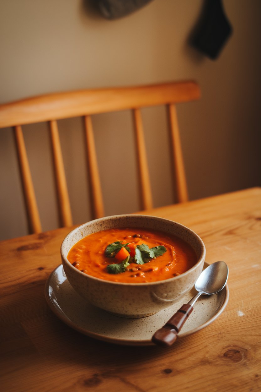 Indoor photo of a bowl of orange carrot and lentil soup garnished with cilantro; cozy kitchen setting, no text or logos