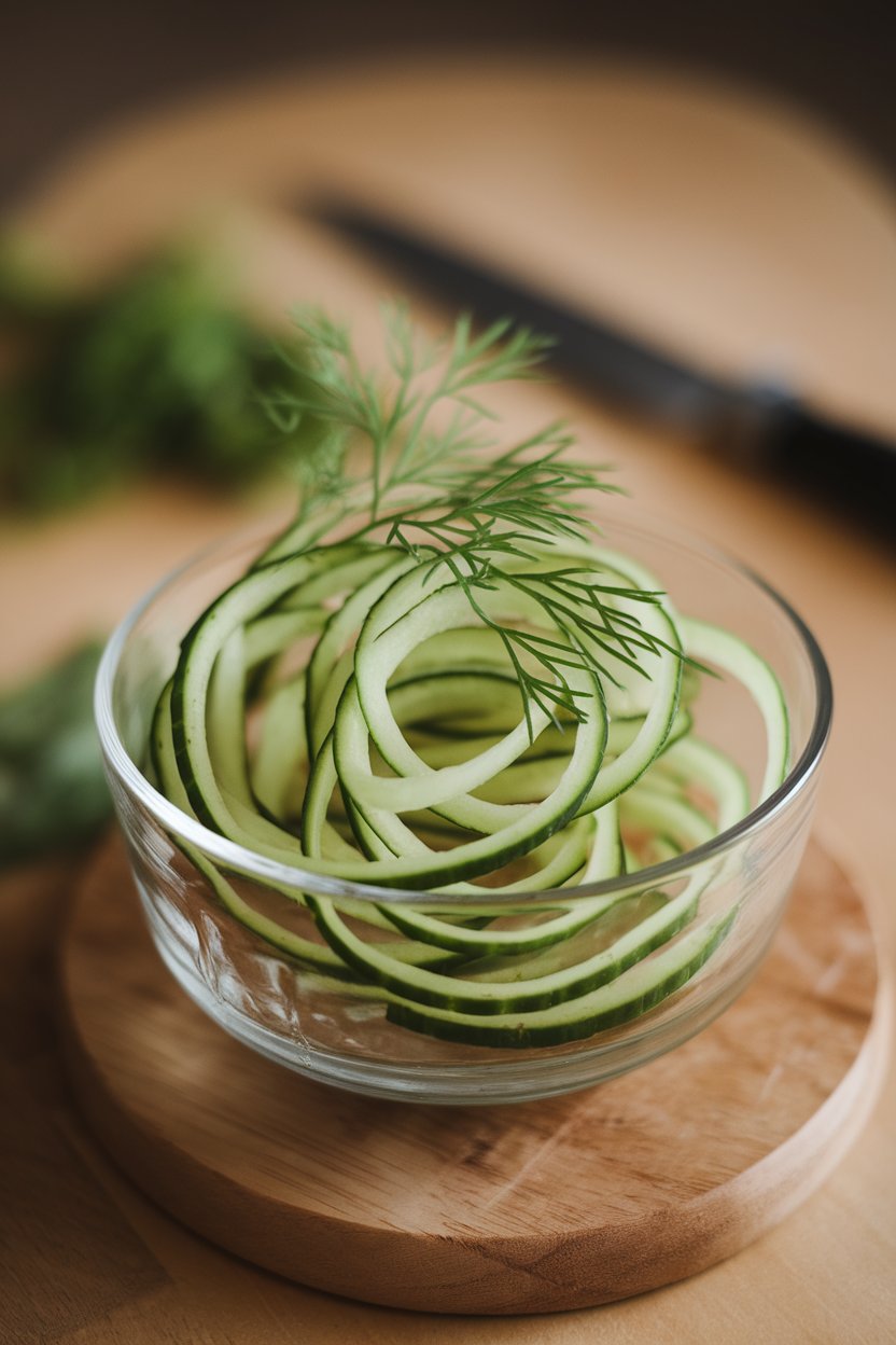 Indoor photo of thin cucumber ribbons twirled in a glass bowl, garnished with fresh dill fronds. No text or logos; photograph.