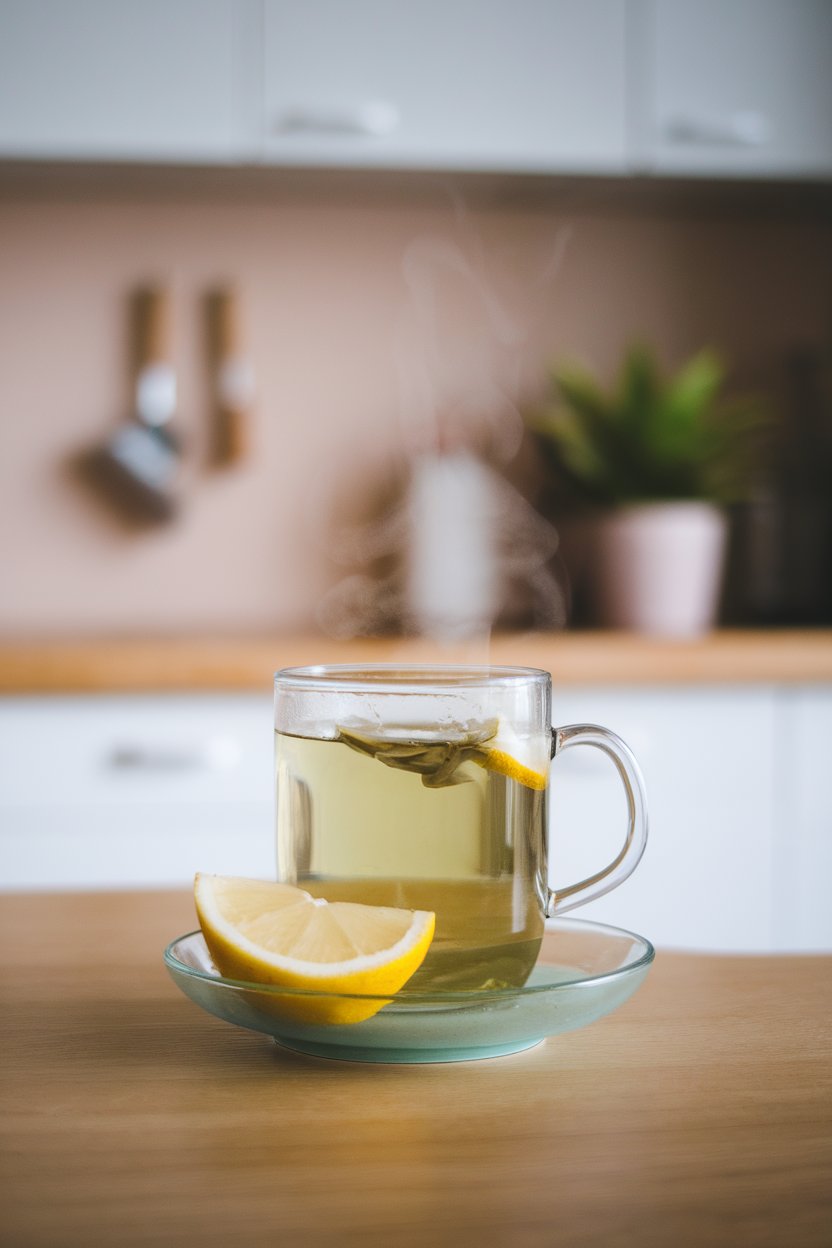 Indoor photo of a steaming mug of green tea with a slice of lemon on the saucer, calm kitchen backdrop, no text or logos