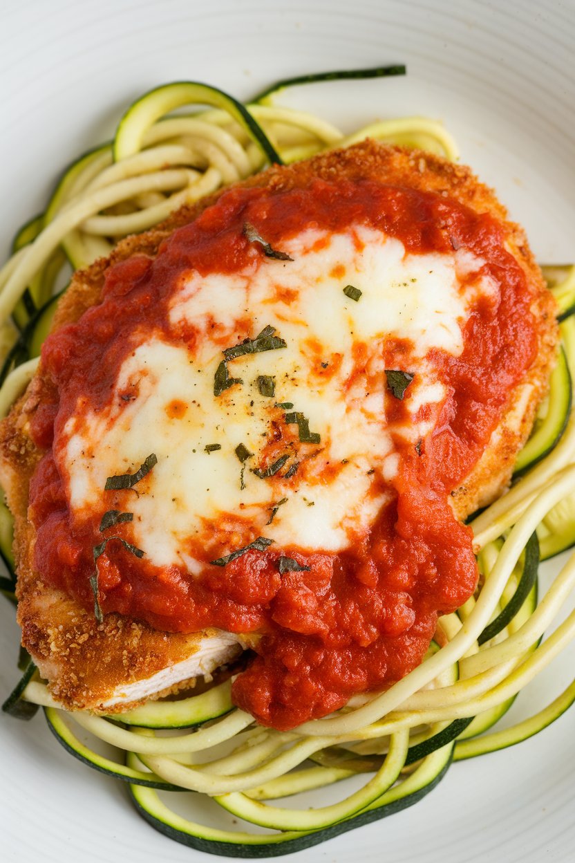An indoor plate featuring baked, breaded chicken breast topped with marinara and melted mozzarella, served on zucchini noodles; no text or logos.
