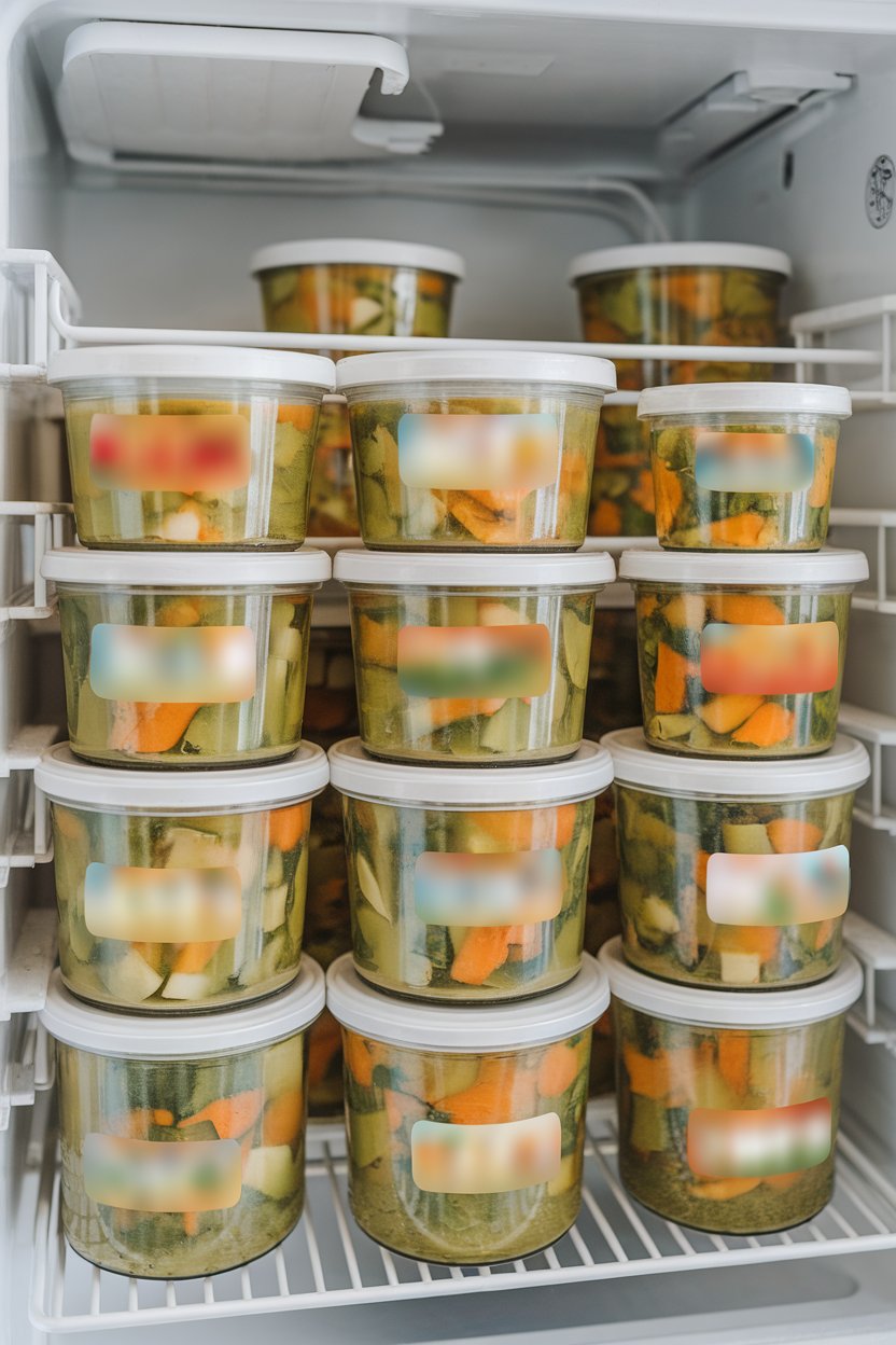 Photo — Labeled glass containers of vegetable soup stacked in an indoor freezer drawer (labels blurred, no readable text).