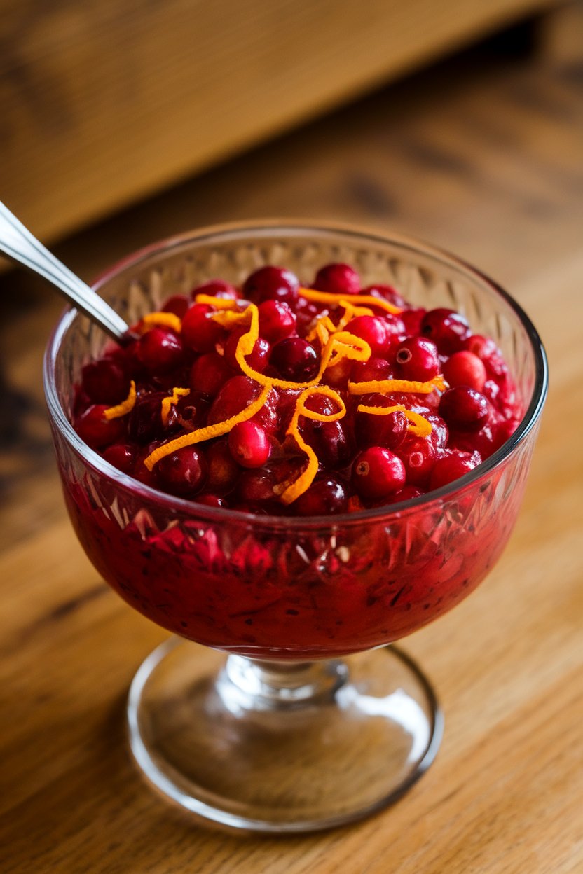 Glass bowl indoors featuring bright cranberry relish with visible orange zest and segments, spoon resting inside. No text or logos. Photo only.